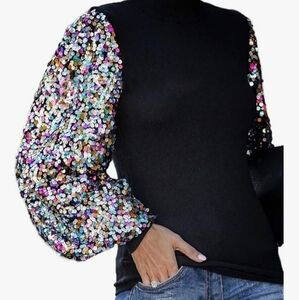 NWT Anna-Kaci Black Top with Rainbow Confetti Sequin Poof Sleeves Size Small